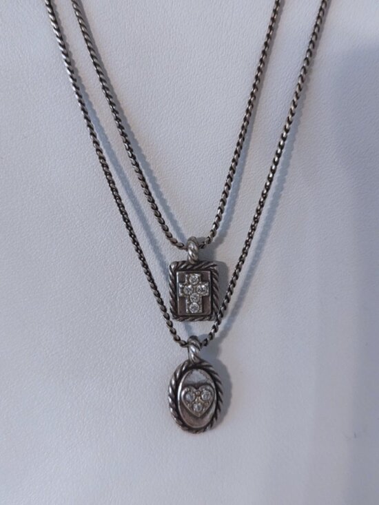 Brighton Jewelry - Brighton rhinestone cross heart double strand silvertone necklace w/pouch EUC